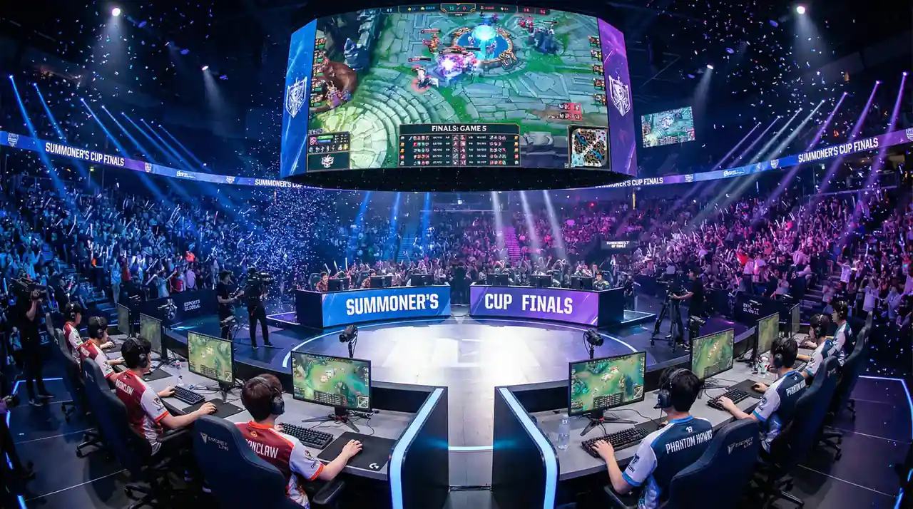 Arenă de eSports League of Legends cu echipe și spectatori